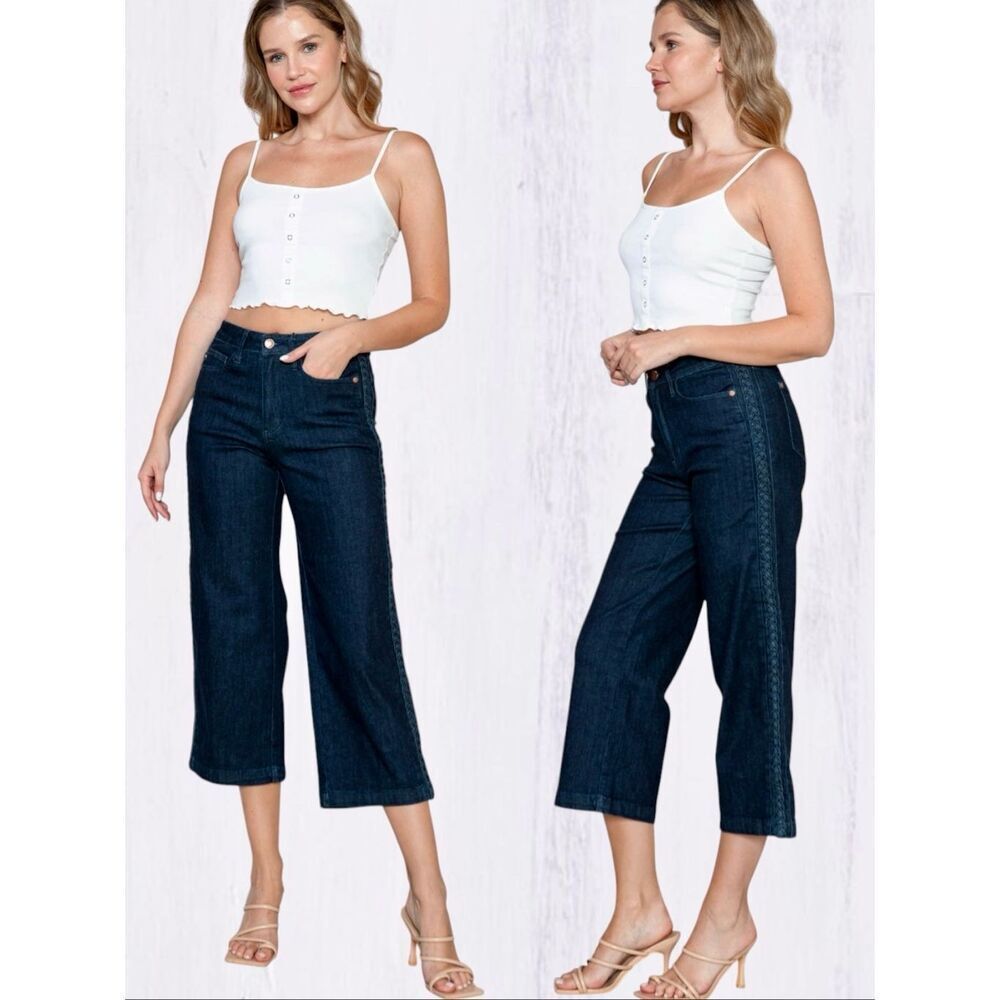 Judy Blue Braided Side Seam Cropped Wide Leg Jeans Dark Wash Stretch Denim NWT - Picture 12 of 16